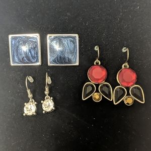 3x Earrings Blue Swirl Enamel, Red/BLK Owl, Gem